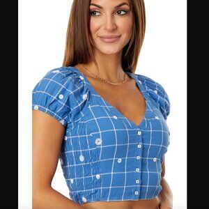 Madewell Monika Embroidered Puff-Sleeve Crop Top 12 NWT Windowpane Blue Travel